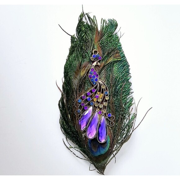 Artisan Peacock Brooch Pin Inlay Crystals Hand Crafted 5.75" Multicolor VTG OOAK - Picture 8 of 8